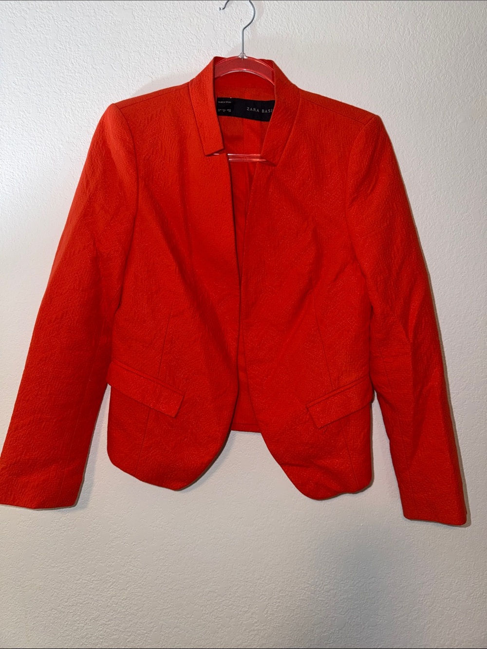 Zara Bright Red Textured Open-Front Blazer